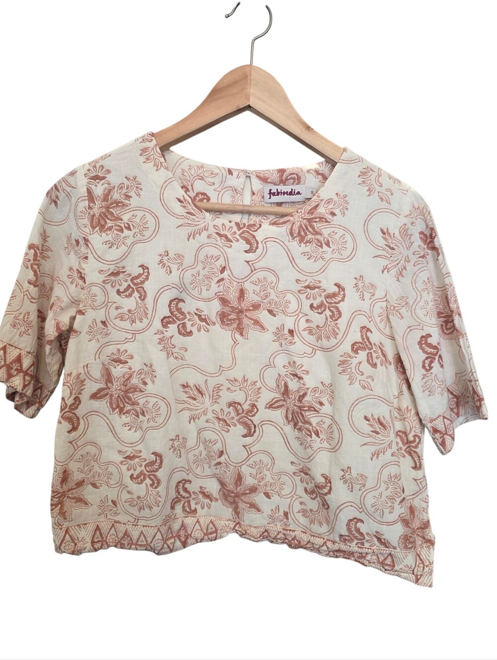 Fabindia 100% Cotton Boxy Floral Boho Print Crop Top Sz S Cream & Brownish Pink